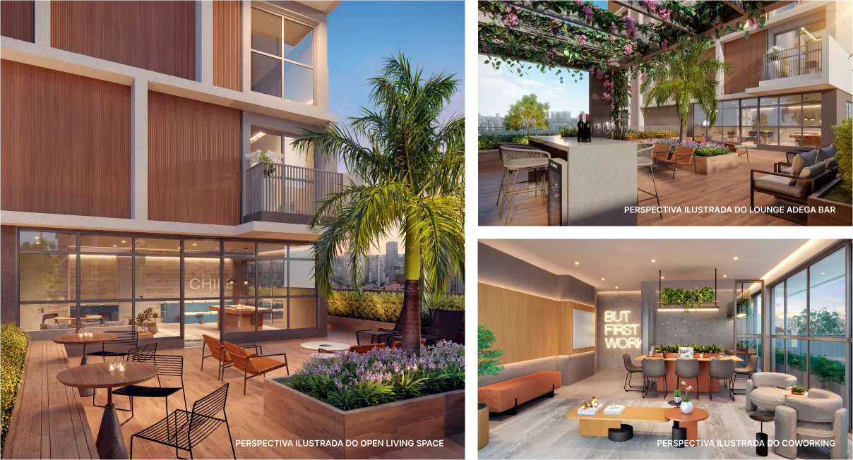 Perspectivas Ilustradas do Open Living Space, Lounge Adega Bar e Coworking